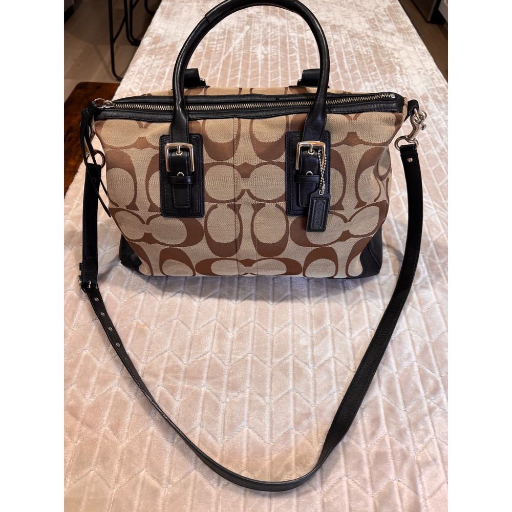 Coach Hamptons Signature Khaki Brown Canvas Leather Satchel Crossbody Bag F13812
